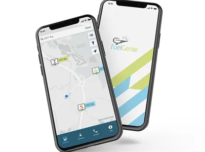 Two overlapping phones showing the fuel genie app